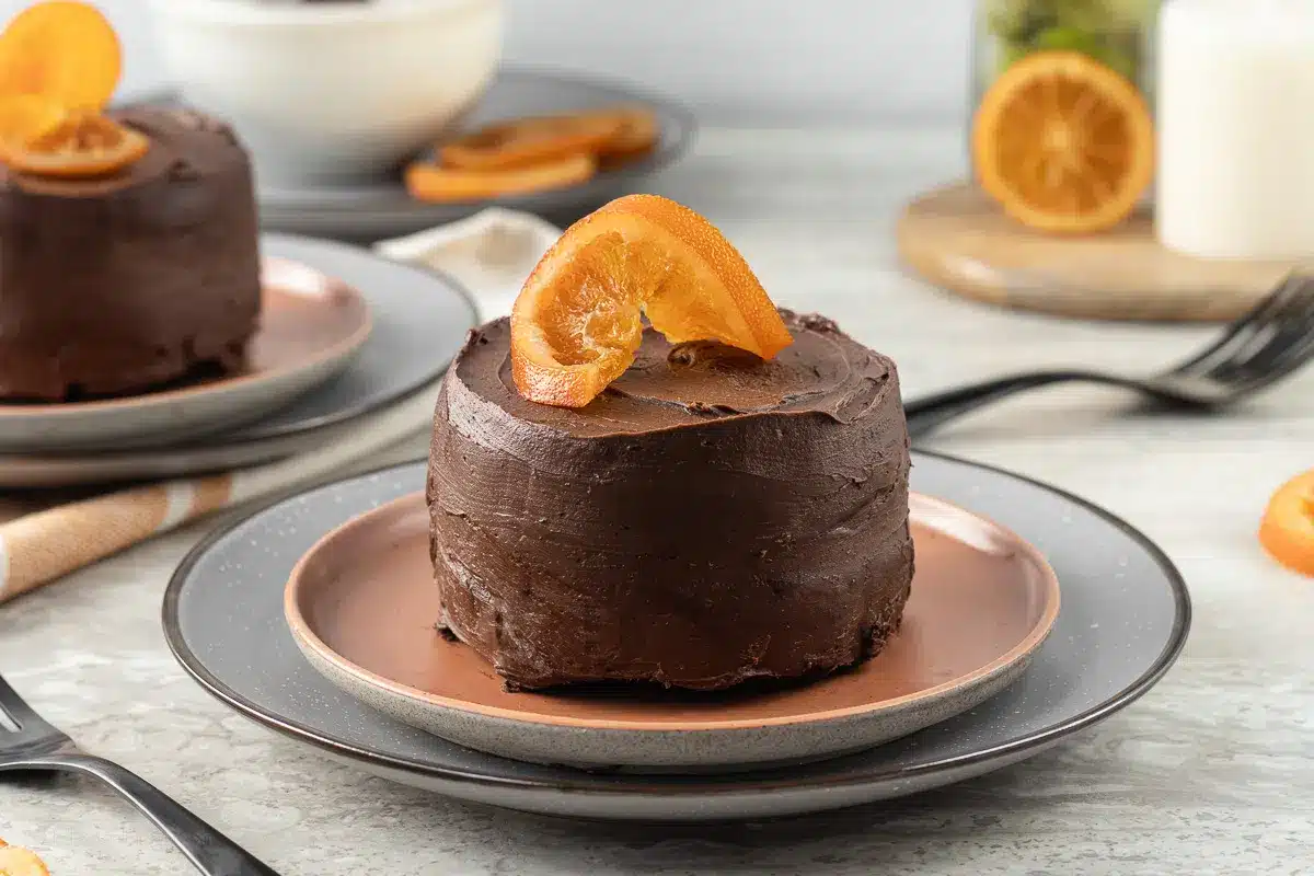 Chocolate orange cake for two on a plate.