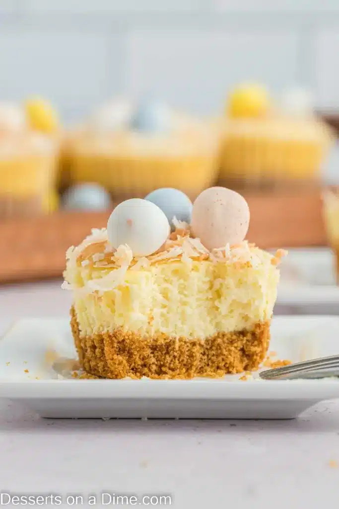 Mini Easter cheesecake topped with toasted coconut and mini eggs candies.