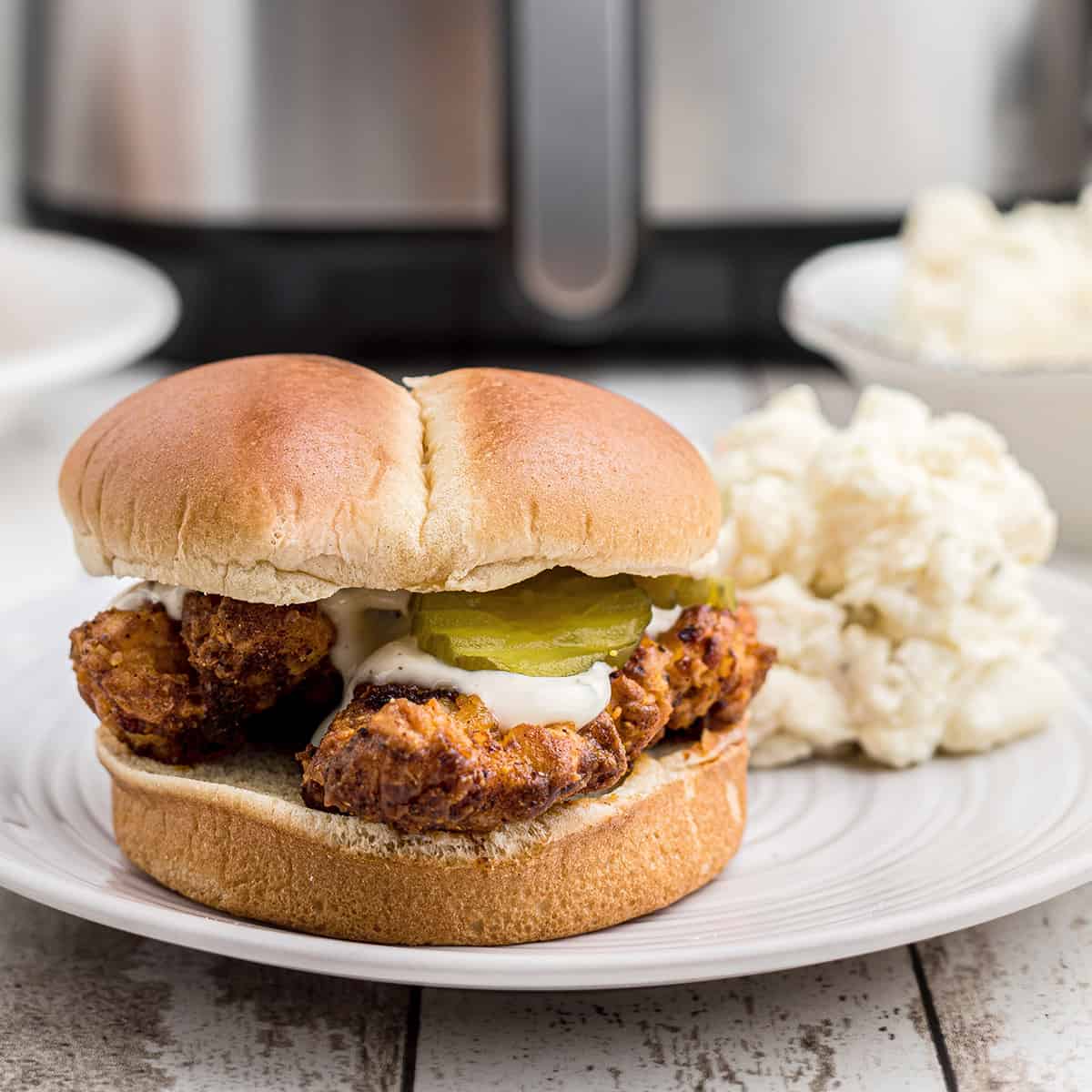 Air fryer Nashville hot chicken sandwich  on a plate.