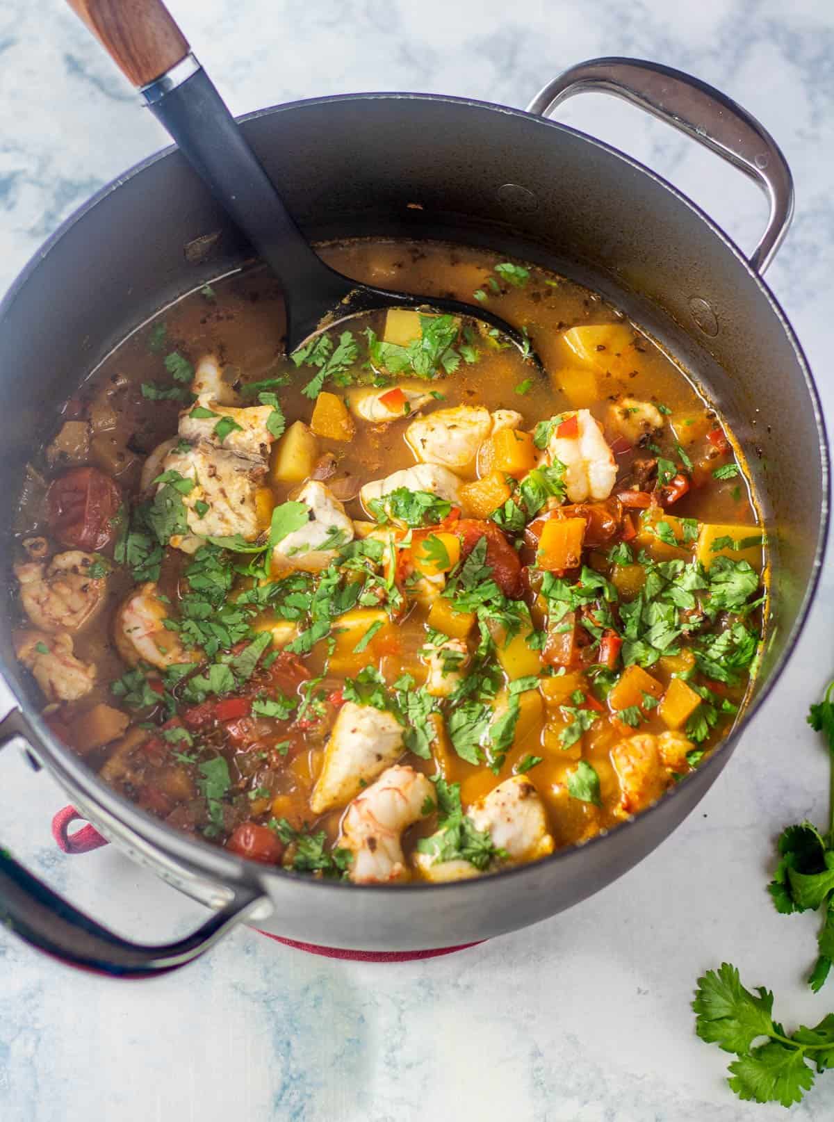 Mexican seafood soup in a bowl.
