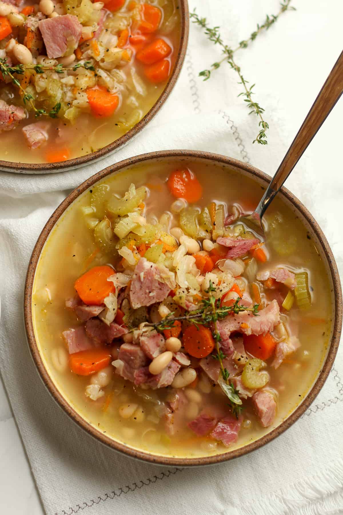 Leftover ham and white bean soup in a bowl.