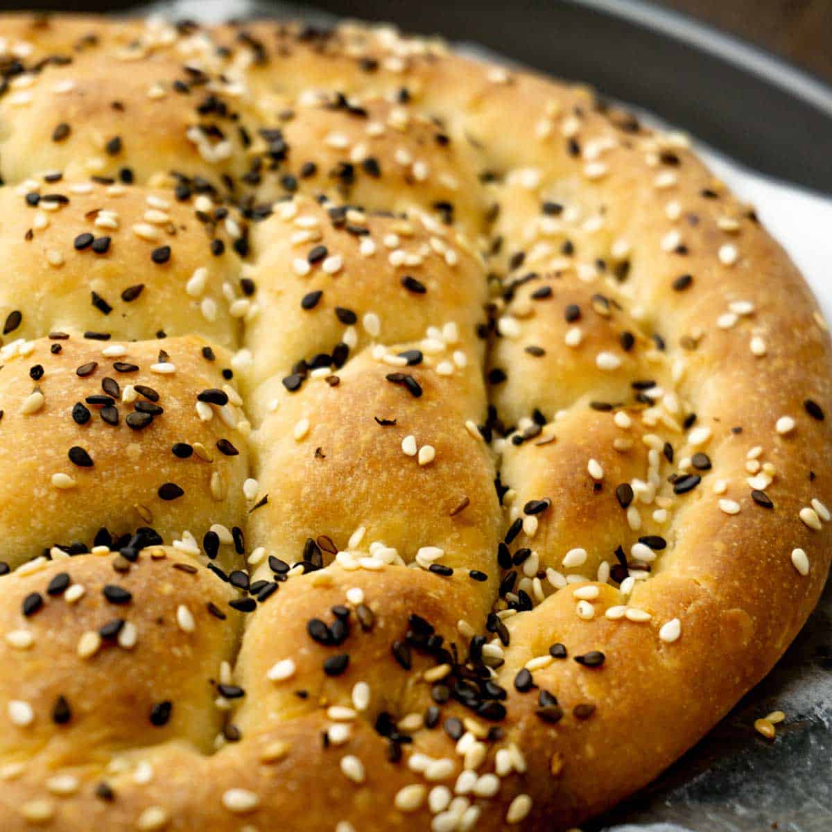 Turkish Pide bread in a pan.