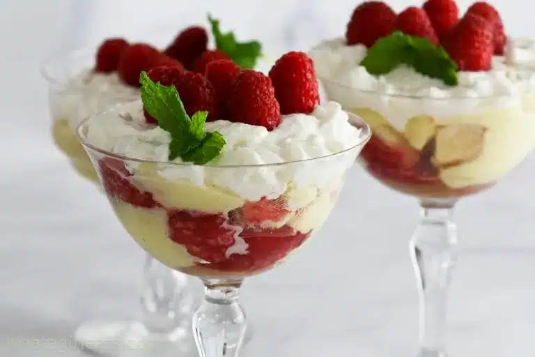 Layered dessert with creme anglaise.