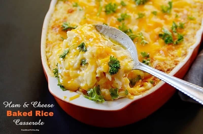 Ham and cheese baked rice in a baking dish.