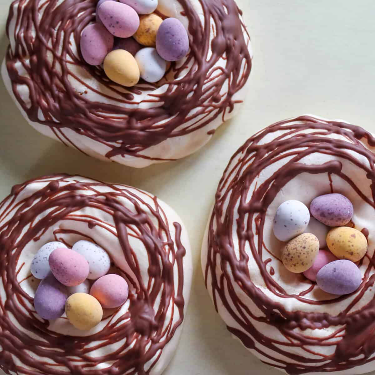 Mini chocolate meringue nest with mini eggs.