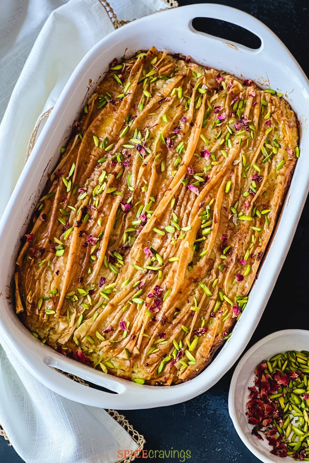 Crinkle cake in a baking dish.