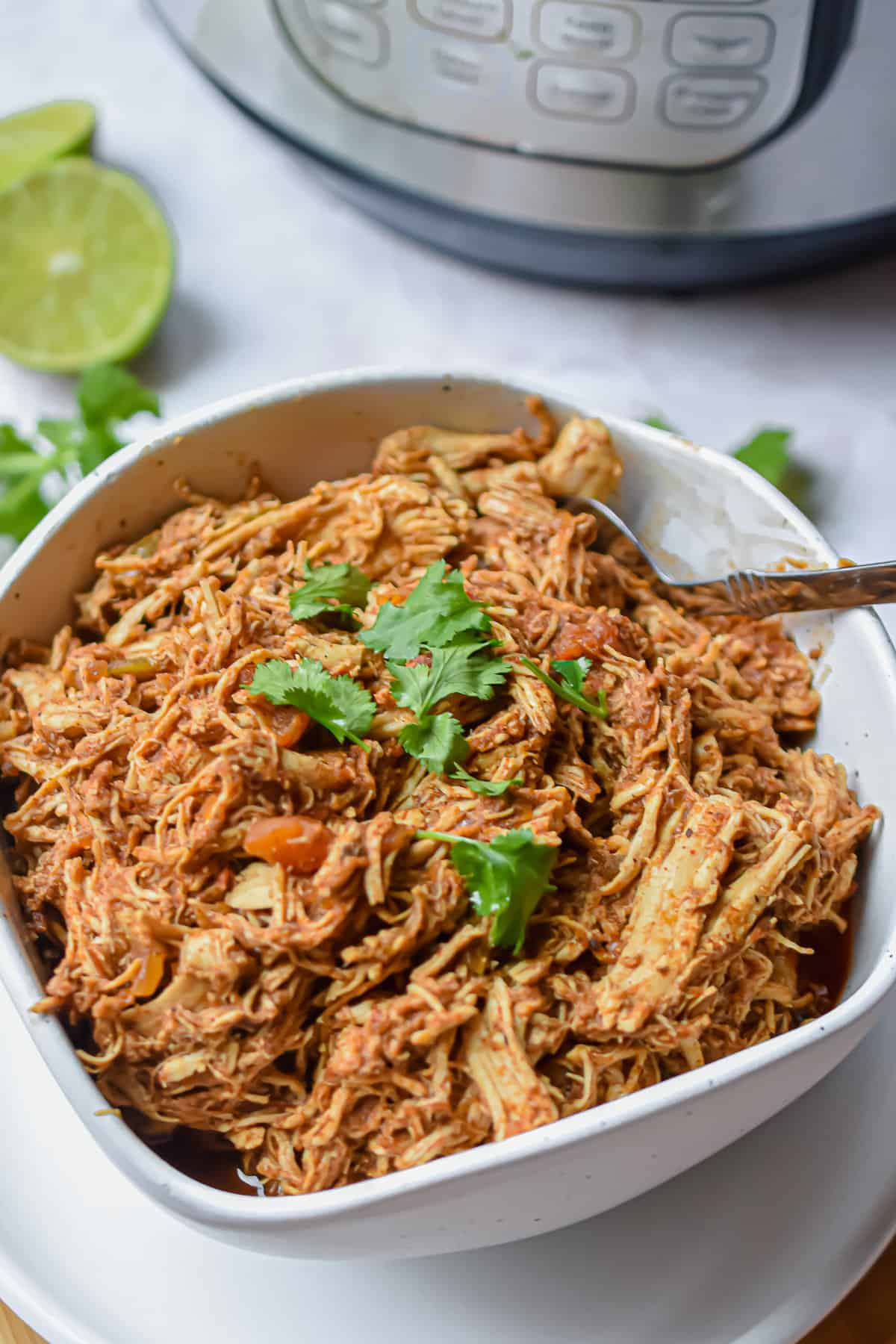 Instant pot Mexican shredded chicken in a bowl.