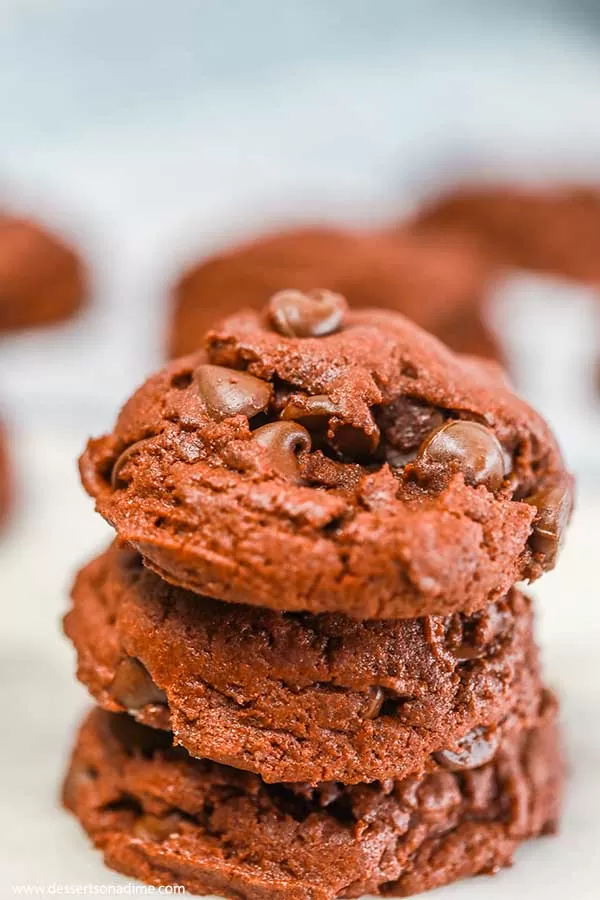 Stack of double chocolate cake mix cookies.