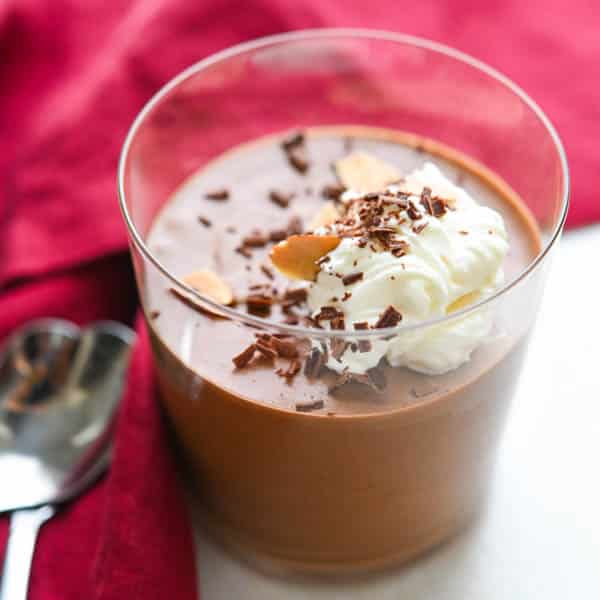 Amaretto chocolate mousse in a clear glass.