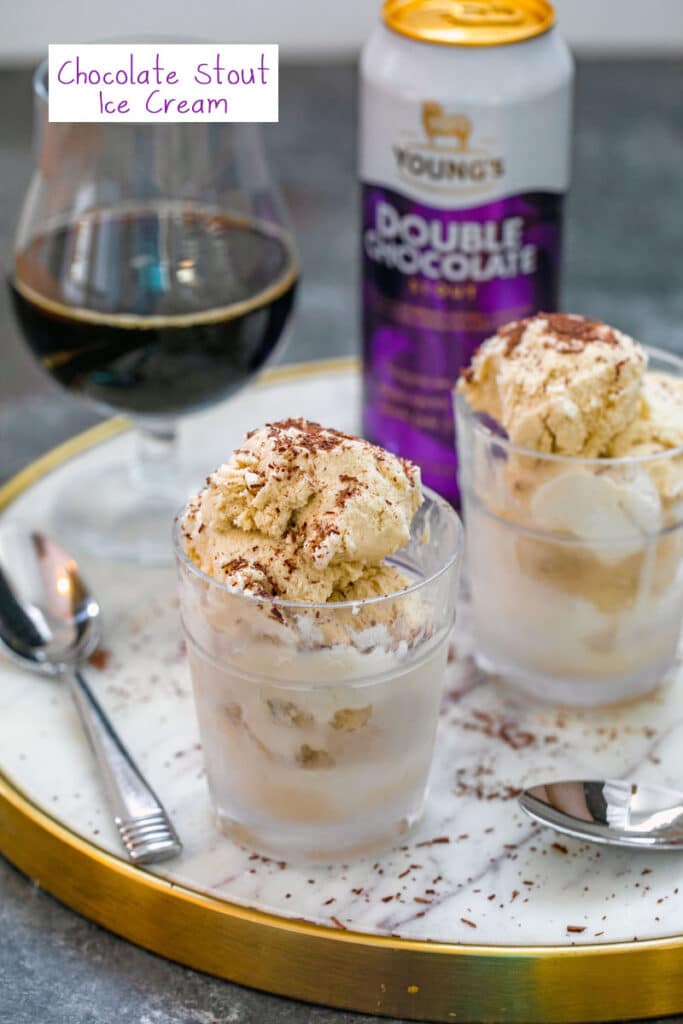 Chocolate stout ice cream with beer in the background.