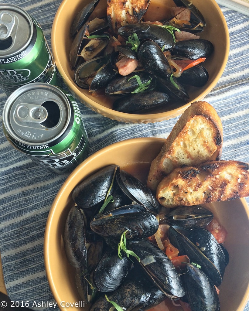 Garlicky beer and tarragon steamed mussels.