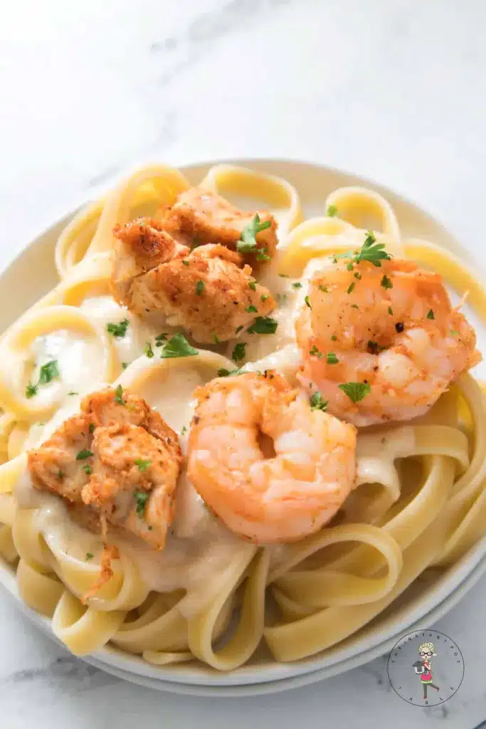 Air fryer chicken and shrimp alfredo on a plate.