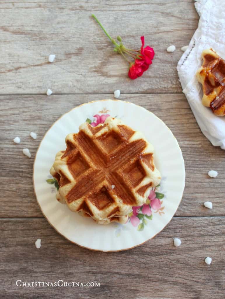 Liege Belgian waffle on a decorative plate.