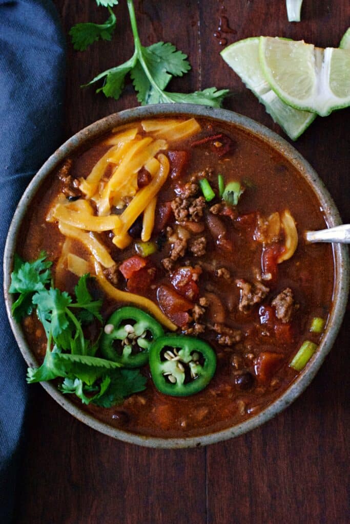 Chipotle beer chili in a bowl.