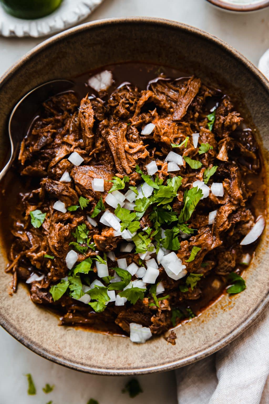 Instant Pot birria de res in a bowl with diced onions and cilantro on top.