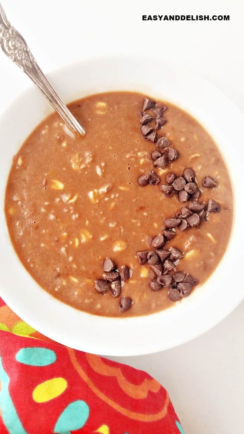 High protein overnight oats with mini chocolate chips in a bowl.