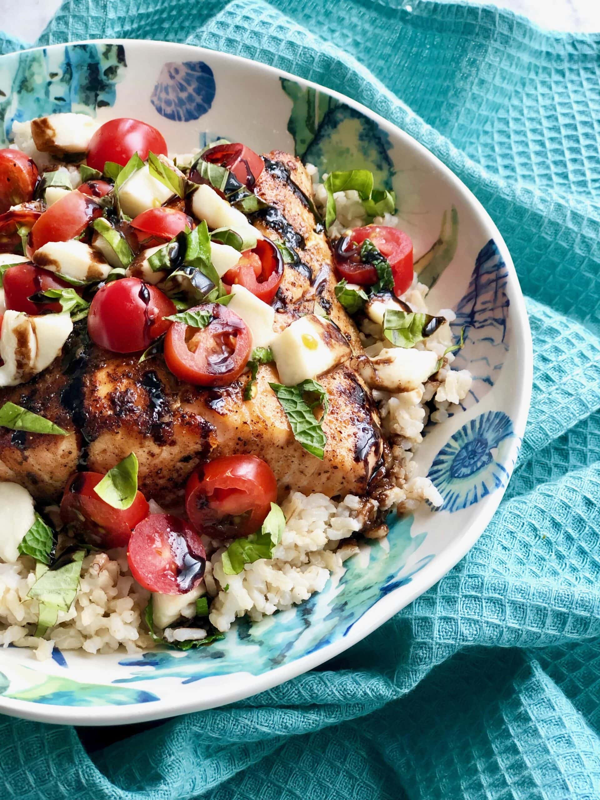 Salmon Caprese on top of brown rice.