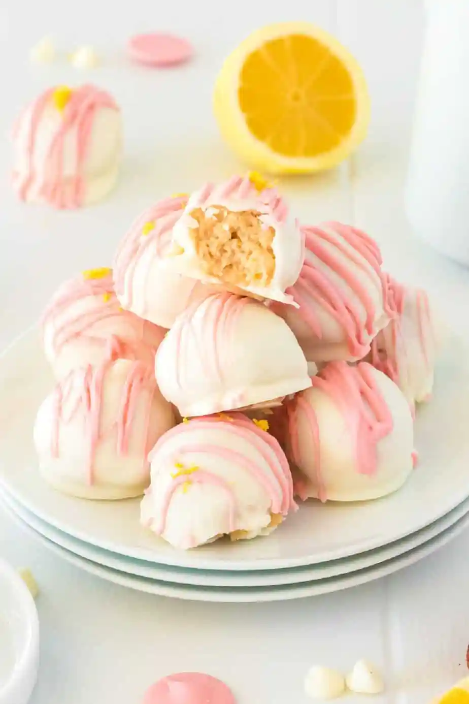 Stack of strawberry lemonade macarons.