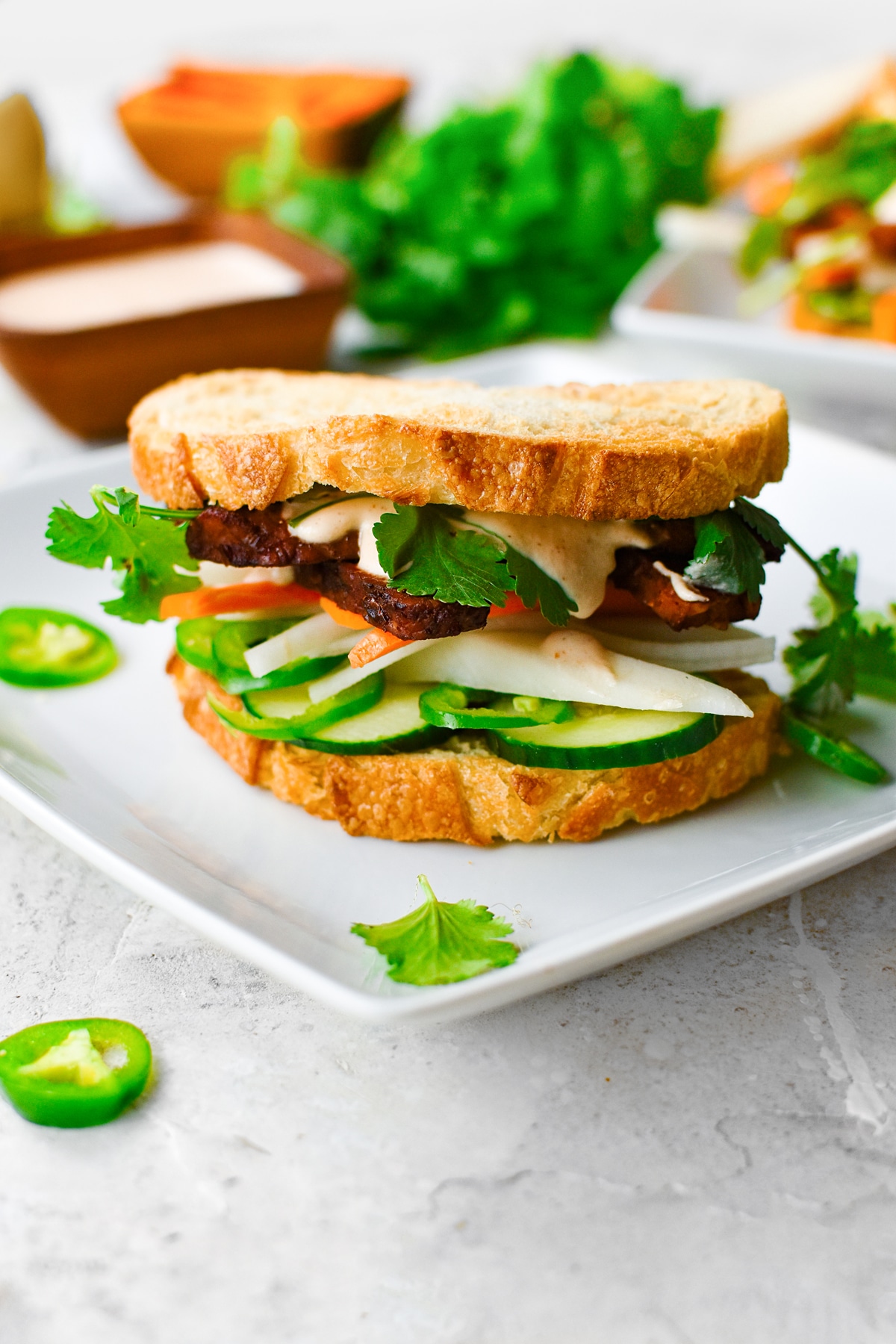 Toasted bread sandwich with tempeh, vegetables, and sauce on a white plate.