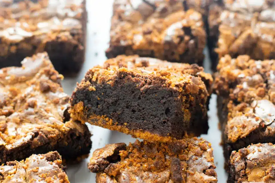 Biscoff brownies cut into servings.