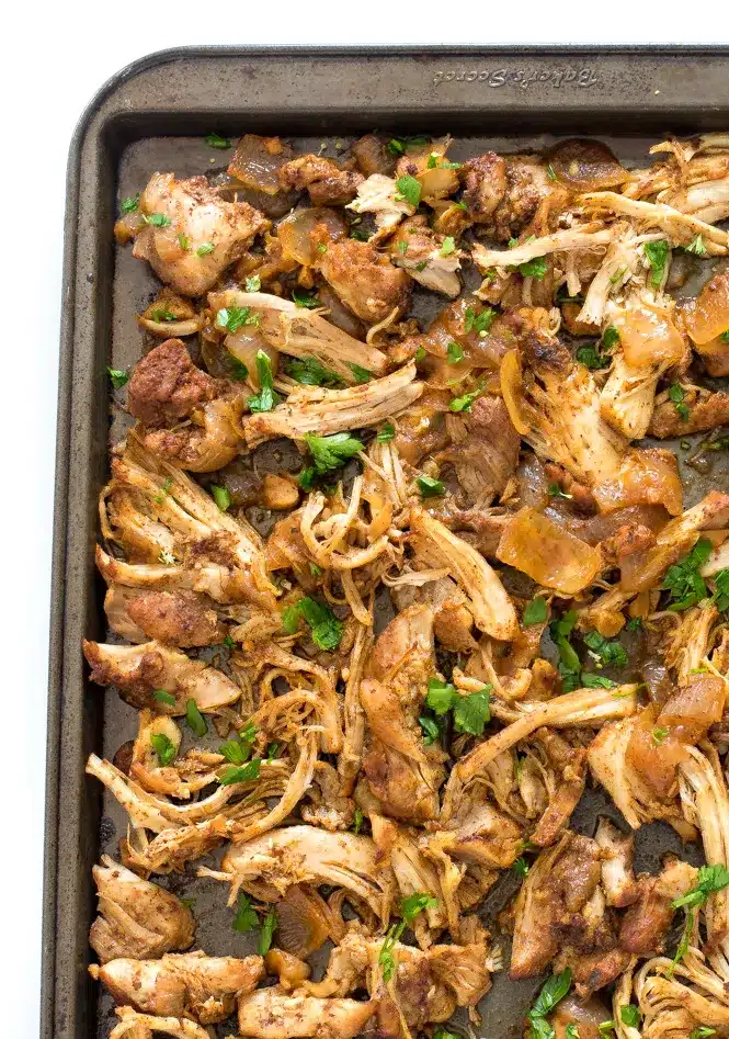 Instant Pot chicken carnitas on sheet pan.