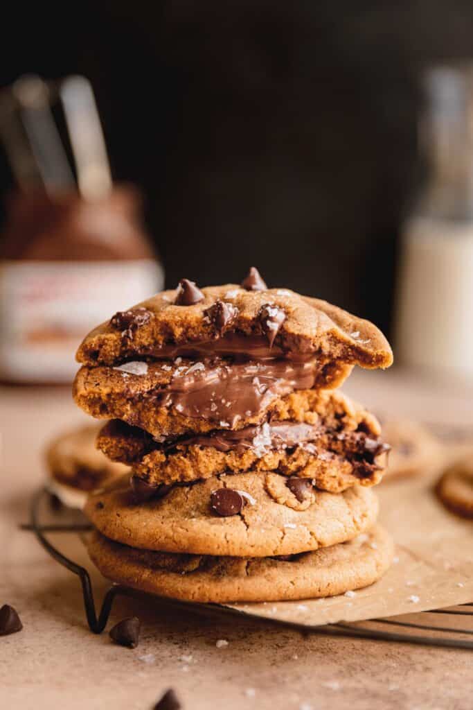 Stack of Nutella filled chocolate chip cookies.