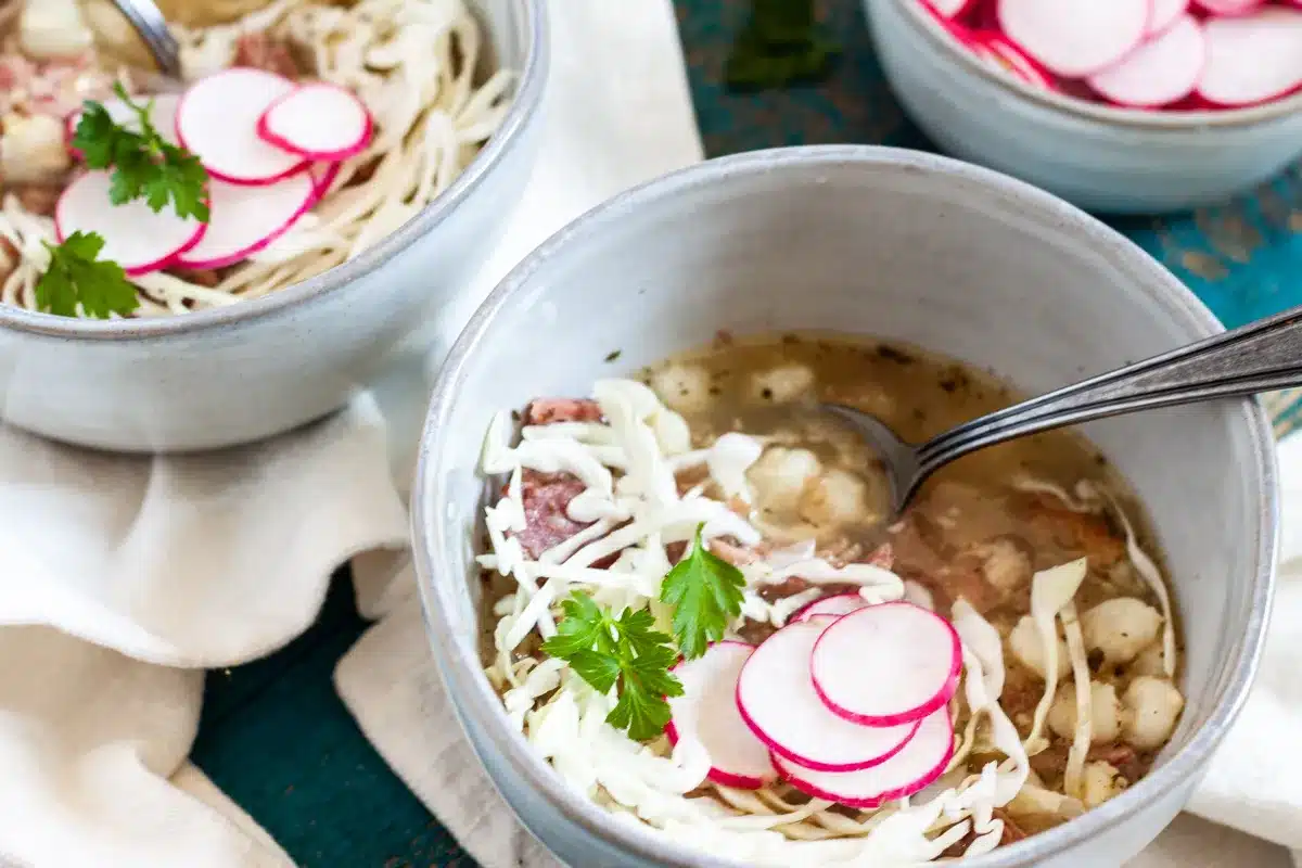 Instant Pot pozole in bowls.