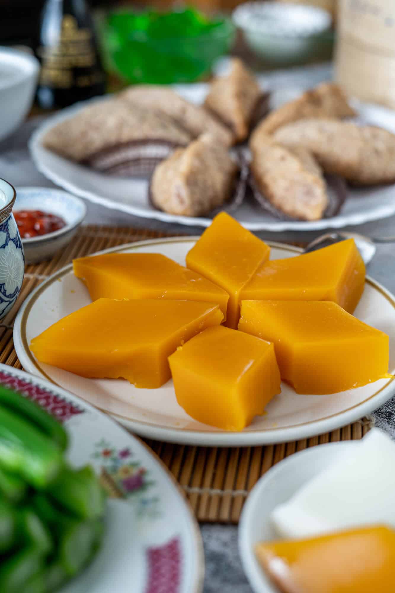 Chinese mango pudding on a white plate.