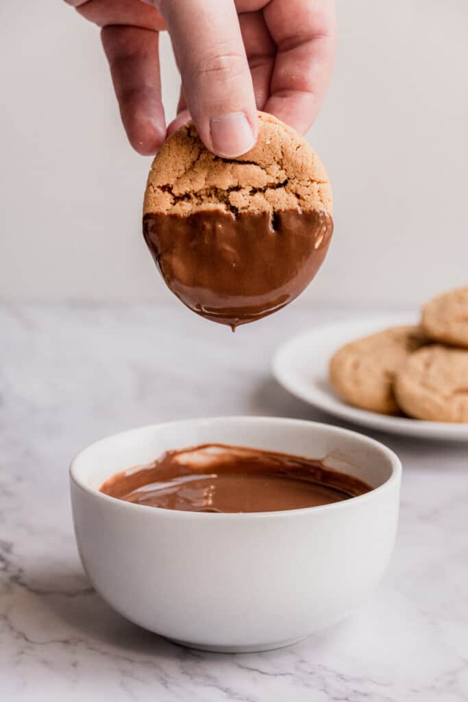 Hand holding peanut butter cookie dipped in chocolate.