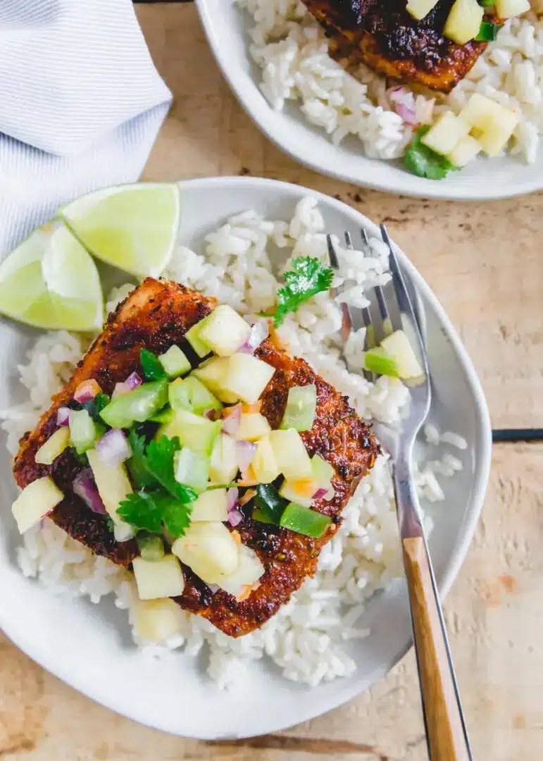 Blackened mahi mahi on top of coconut rice.