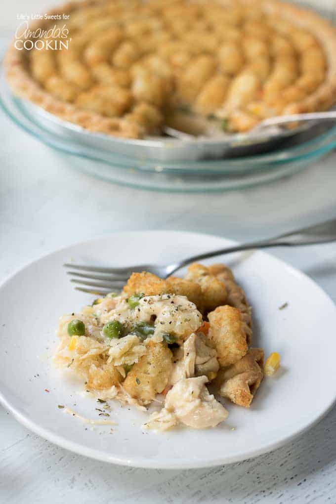 Serving of chicken pot pit tater tot casserole.