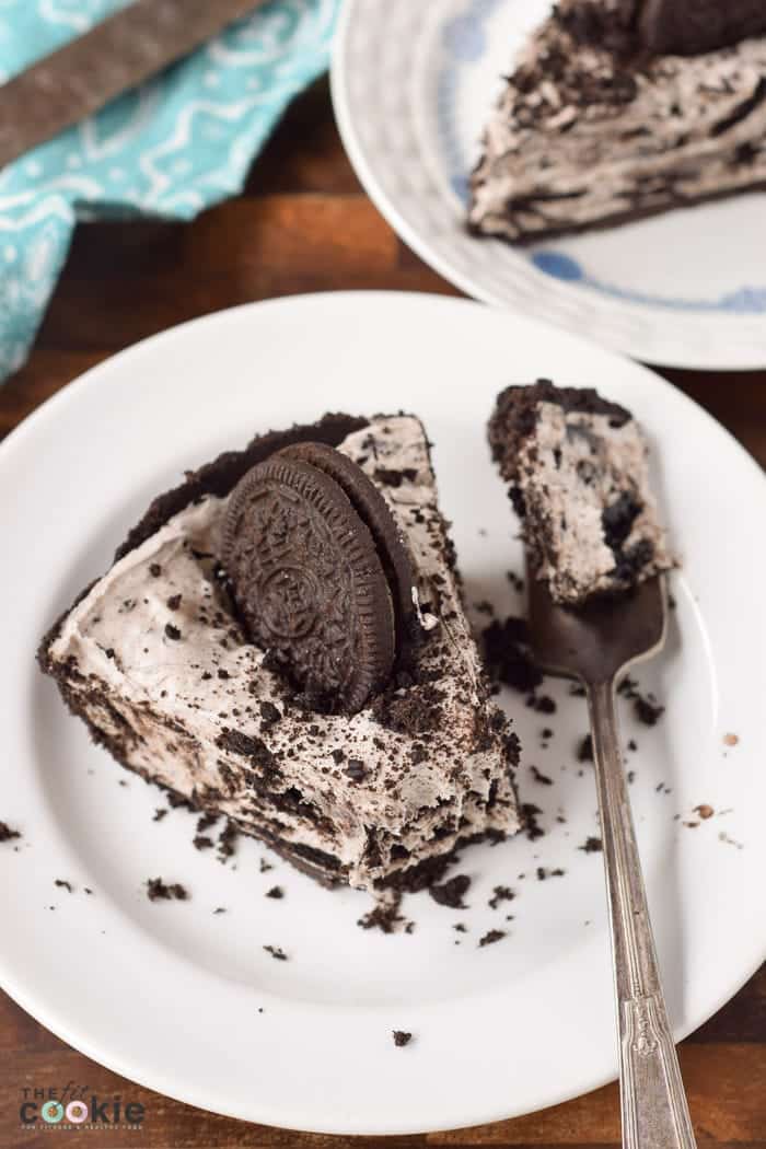 Slice of dairy free Oreo cheesecake.