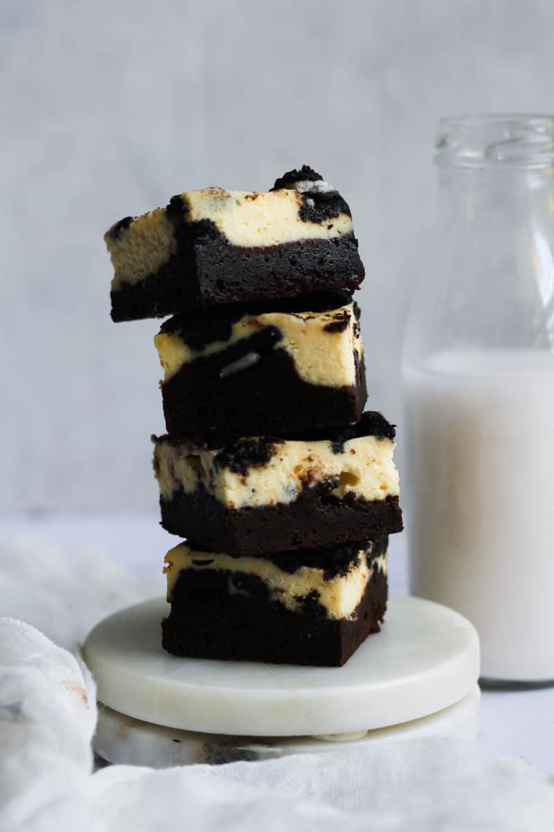 Stack of Oreo cheesecake brownies.