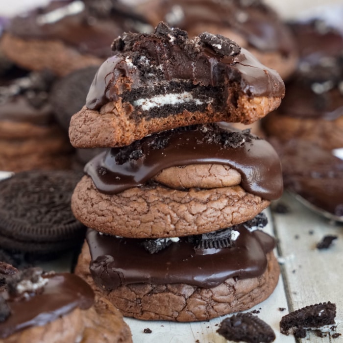 Stack of Oreo stuffed brownie cookies.