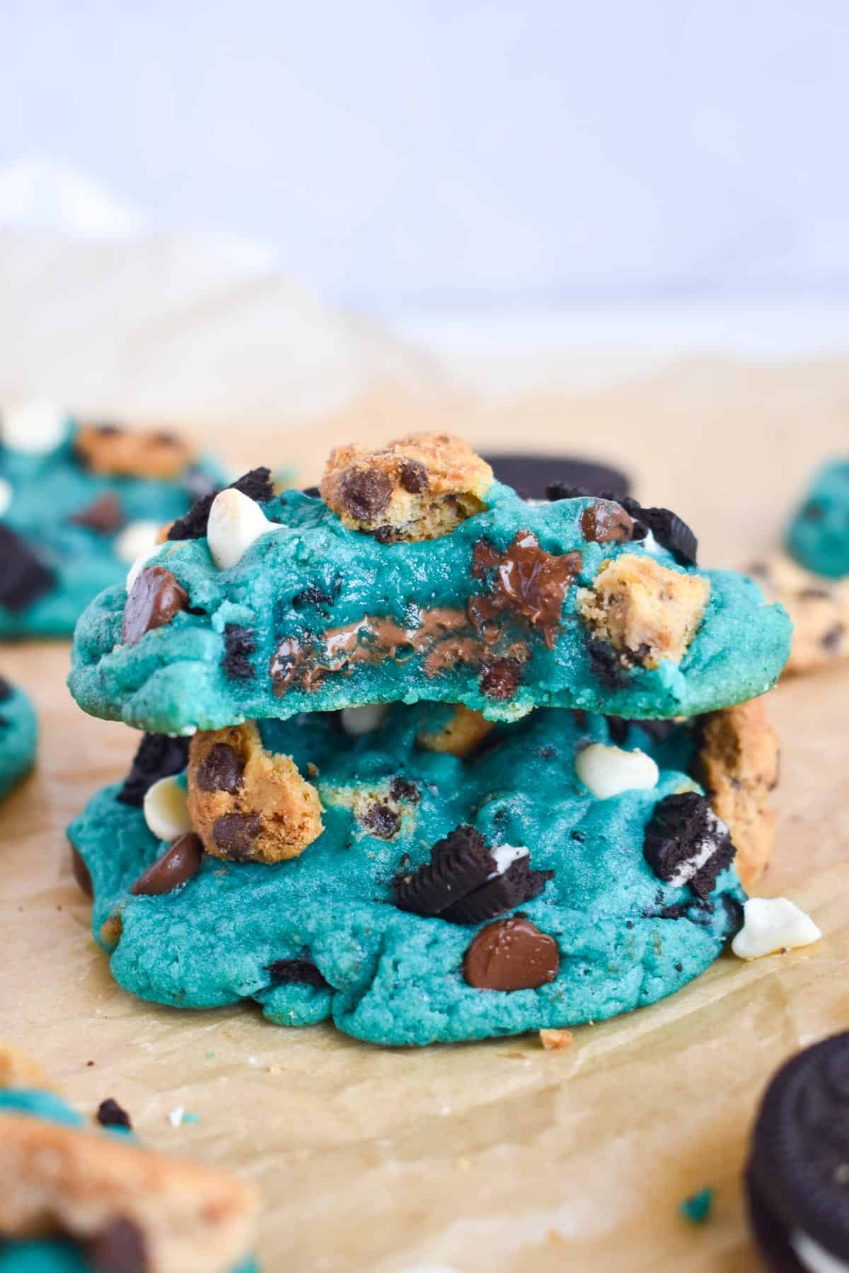 Stack of blue Cookie Monster cookies.