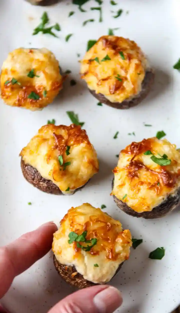 Hand holding air fryer stuffed mushrooms.