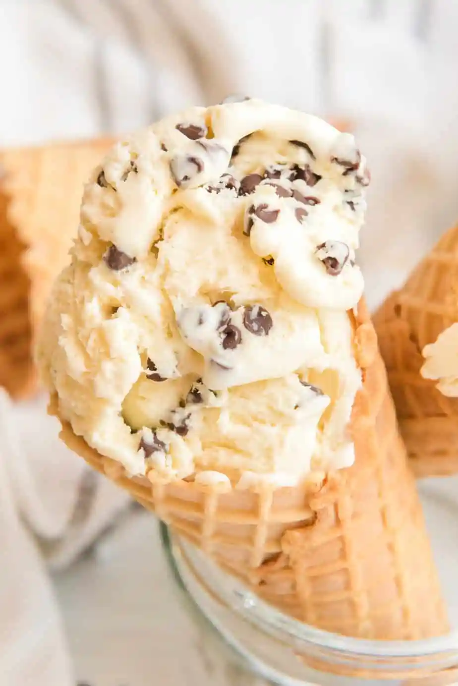 Vanilla chocolate chip ice cream cones.