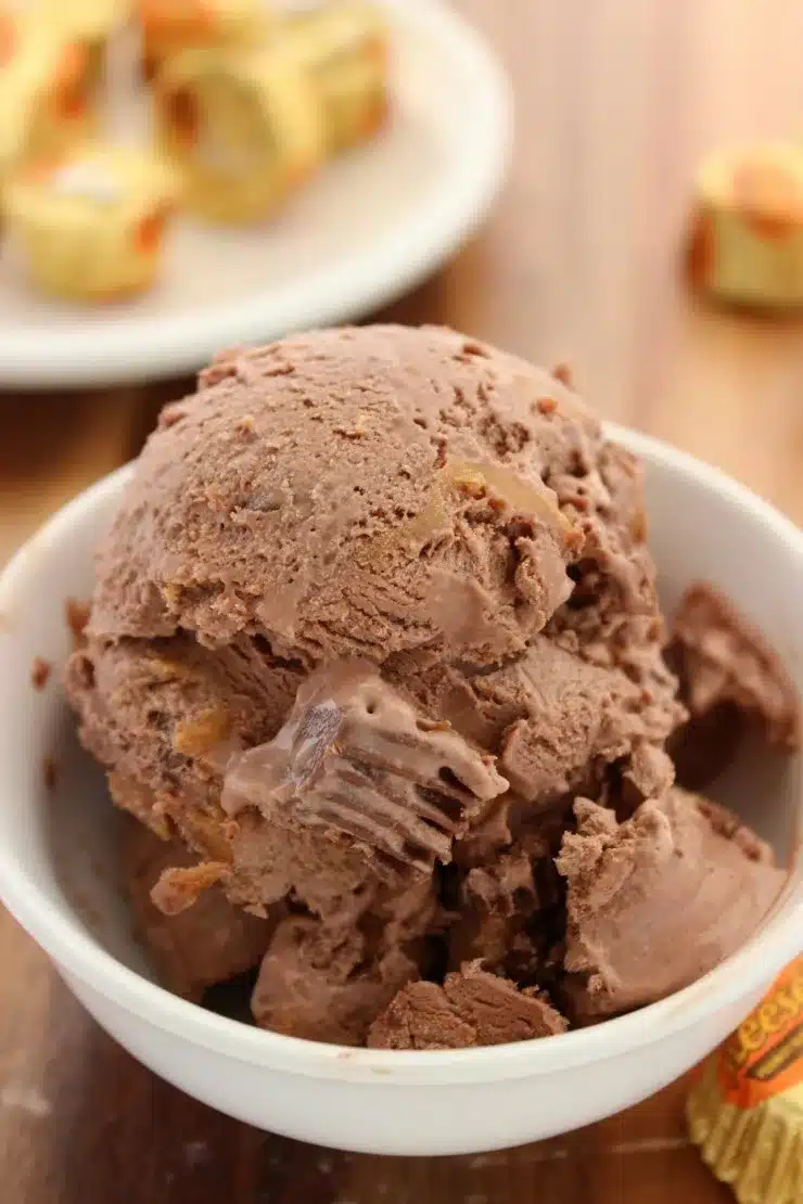 Serving of peanut butter cup ice cream in a white bowl.