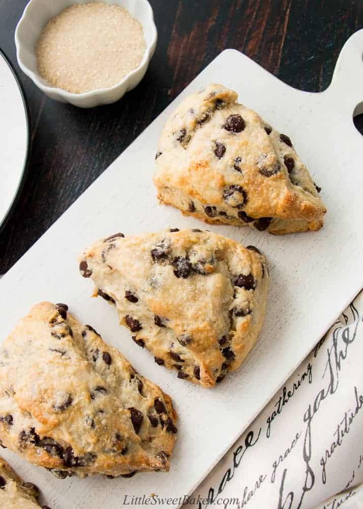 Chocolate chip scones on a serving platter.