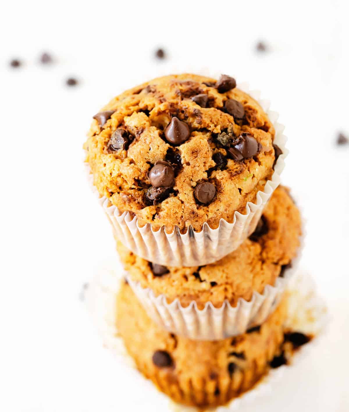 Stack of chocolate chip zucchini muffins.