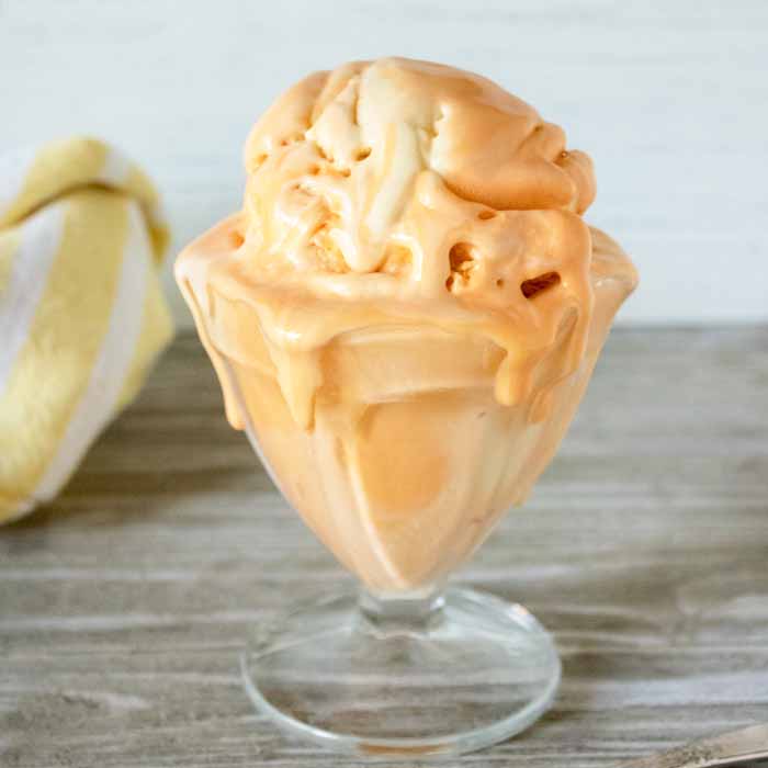 Orange ice cream in an ice cream dessert cup.