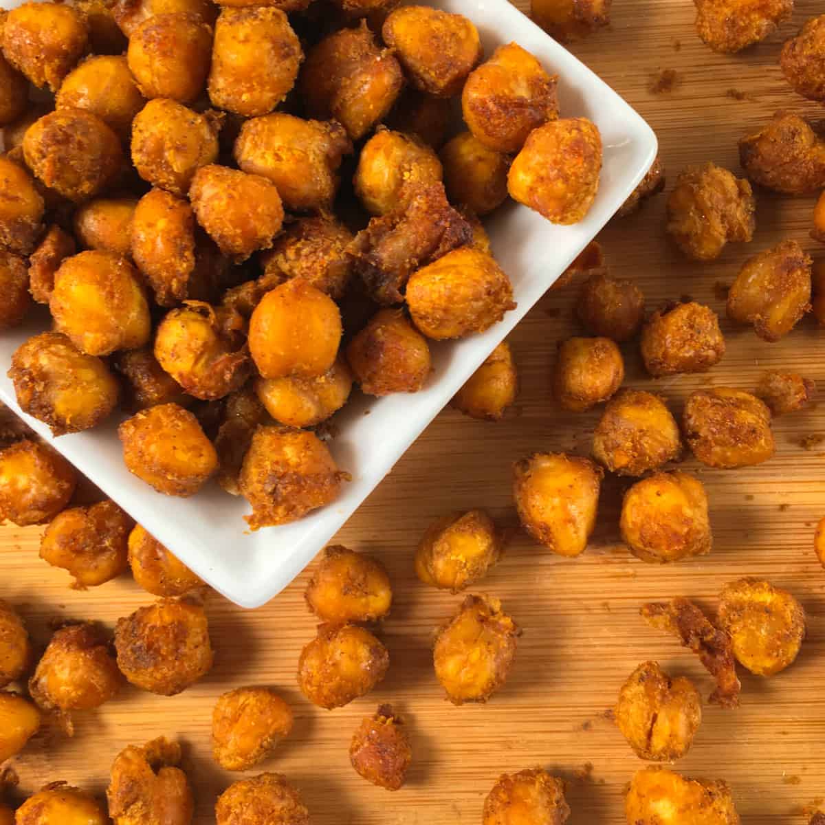 Air fryer chickpeas in a square white bowl.