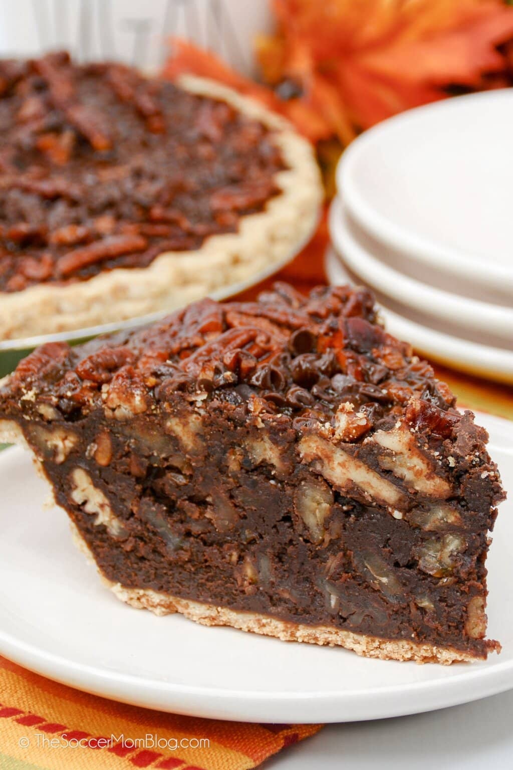 Slice of Texas chocolate pecan pie.
