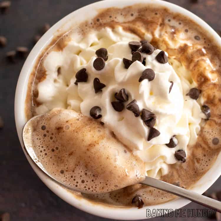 Chocolate chips hot chocolate in a mug with whipped cream and mini chocolate chips.