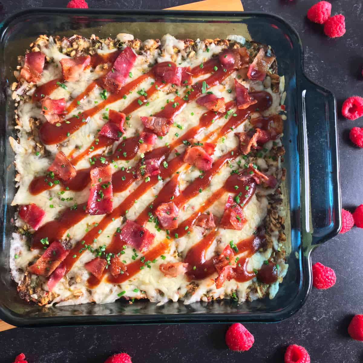 Baked protein oatmeal in a blue baking dish.