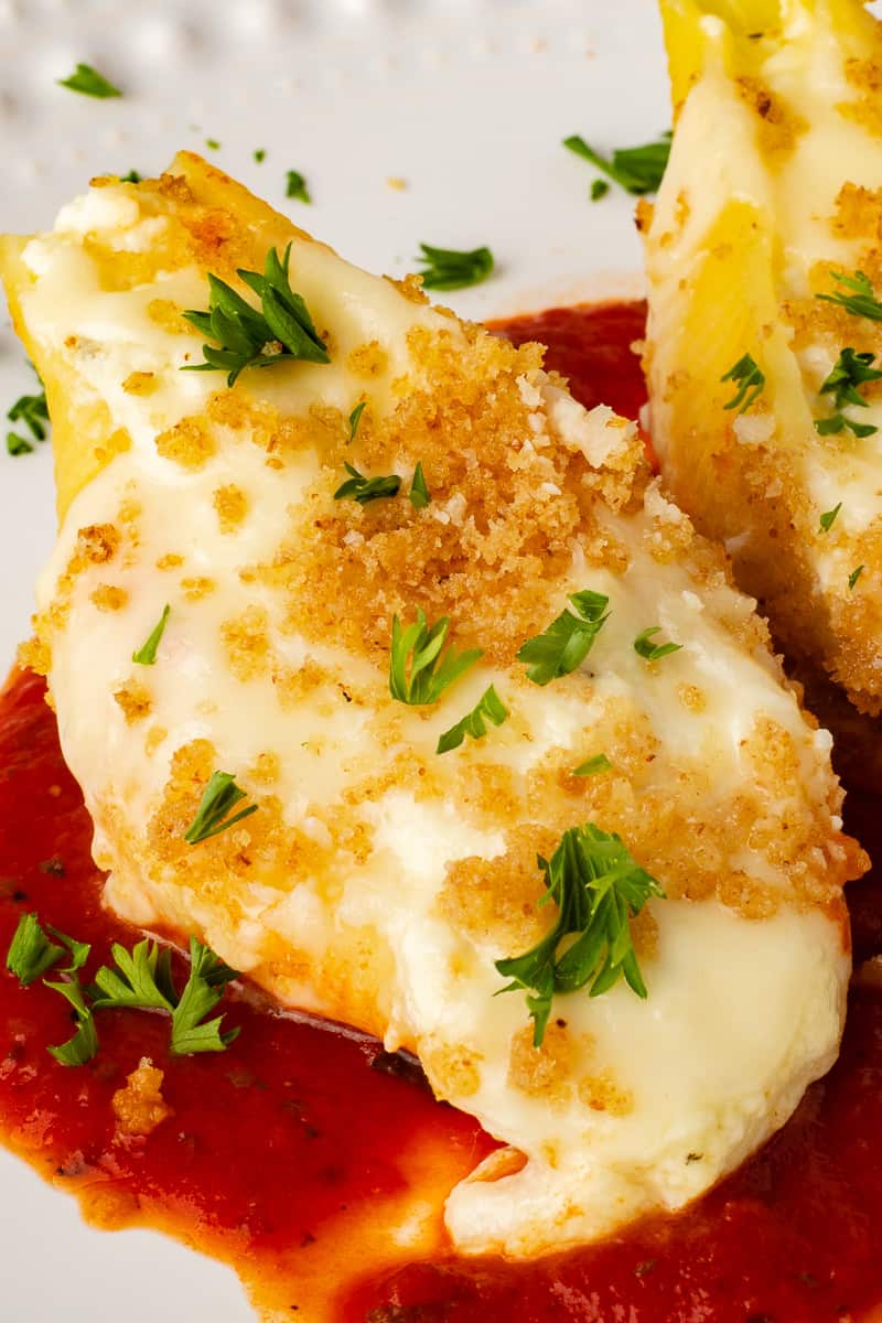 Giant cheese stuffed shells on a plate with tomato sauce.