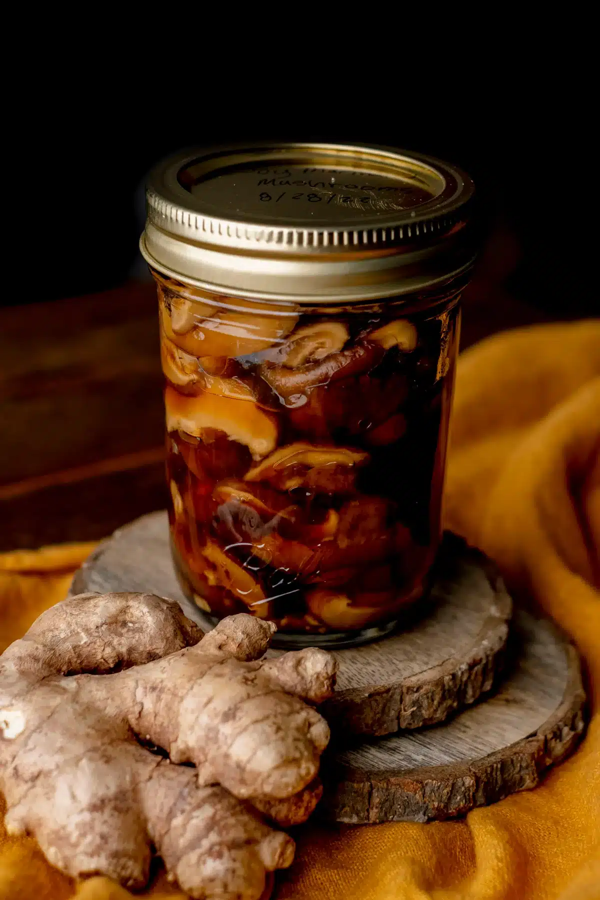 Soy-marinated mushrooms in a mason jar.