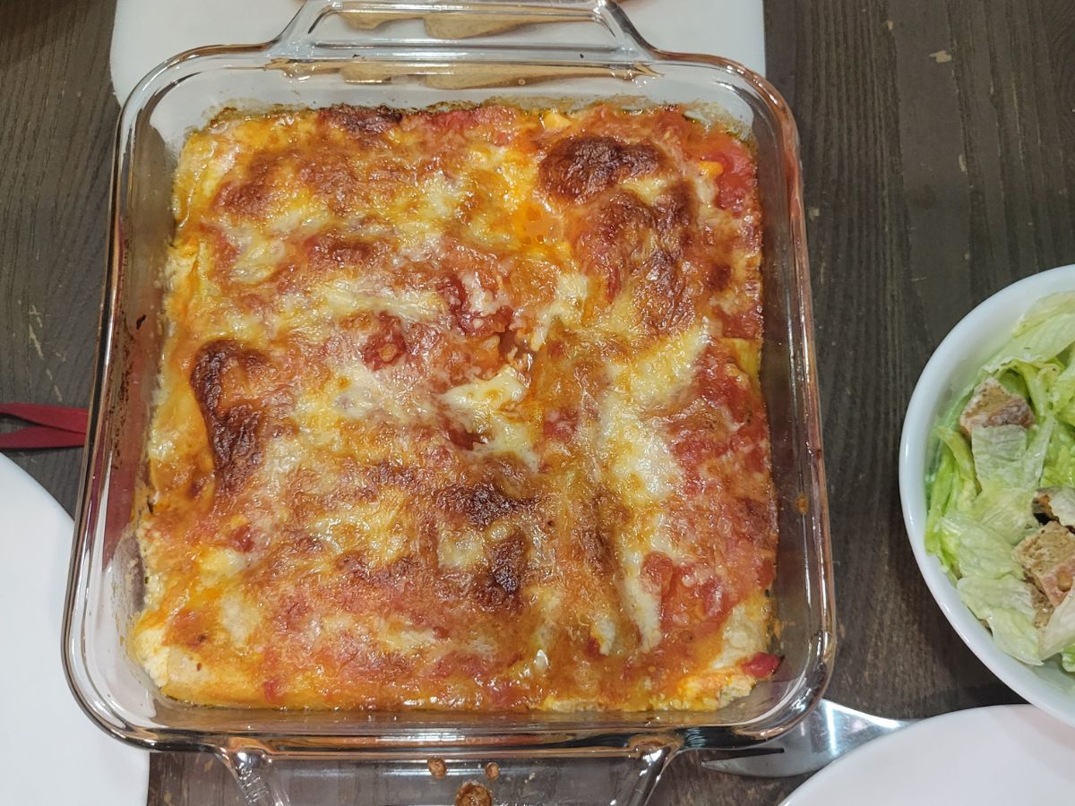 Manicotti in a clear baking dish.