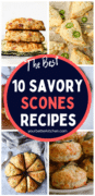 Pinterest pin with various savory scone recipes.