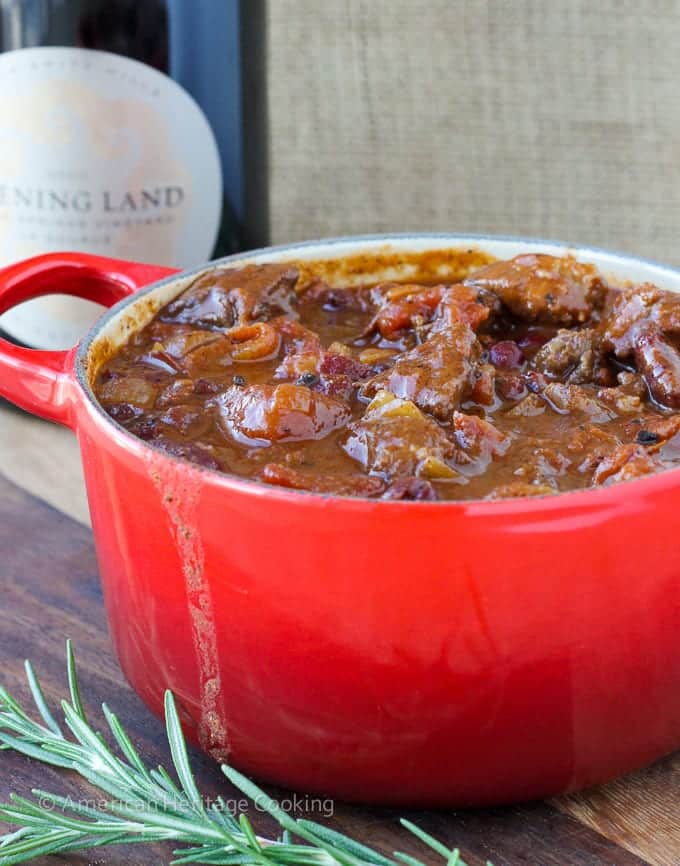 Rosemary steak chili in a red mug.